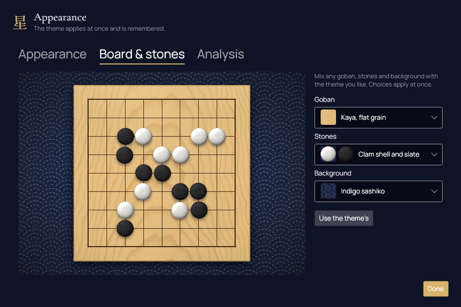 Preferences: Board & stones, with a live preview and pickers for goban, stones and background