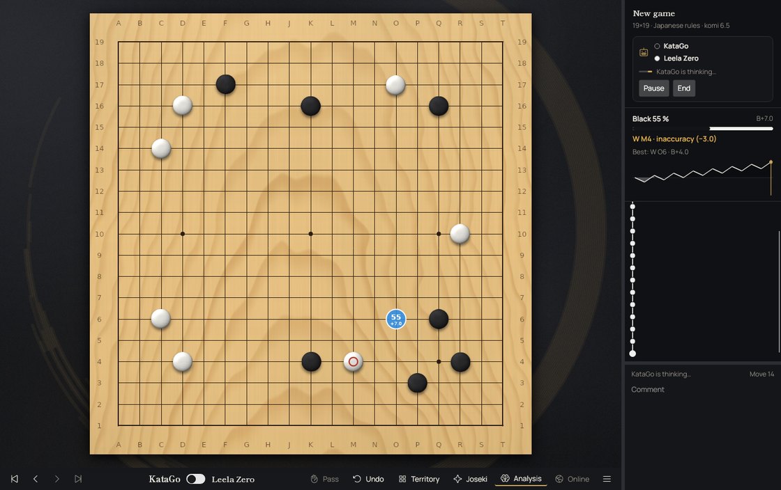 KataGo and Leela Zero playing each other in Hoshi, with the engine panel in the sidebar and the analysis graph