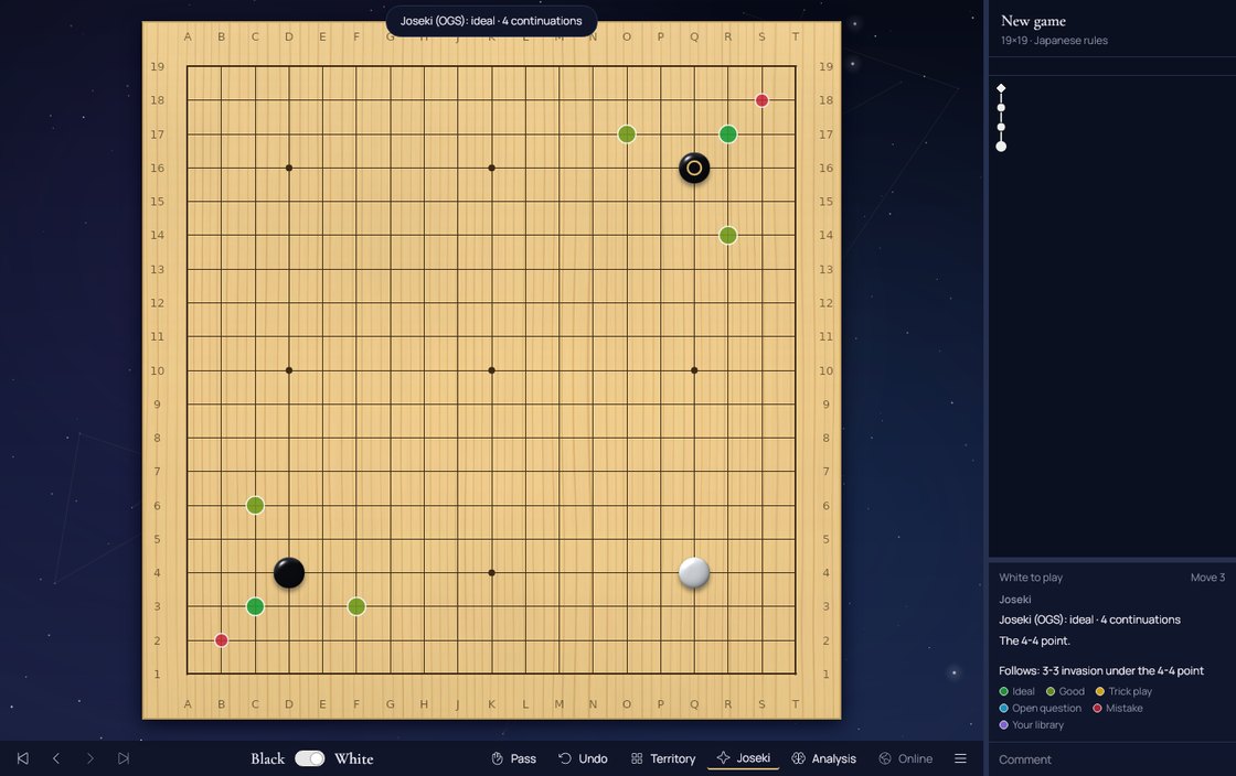 Joseki continuations shown as coloured discs in the corners