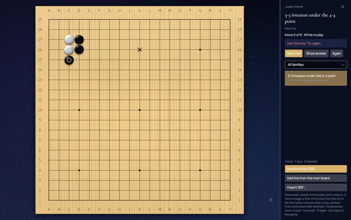 The joseki trainer on the main board, with the line list and family filter